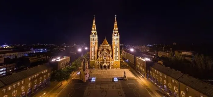 Framed Print : aerial photo of beautiful Cathedral of Szeged at night Framed Print : aerial photo of beautiful Cathedral of Szeged at night