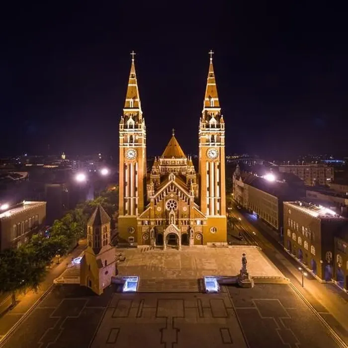 Framed Print : aerial photo of beautiful Cathedral of Szeged at night Framed Print : aerial photo of beautiful Cathedral of Szeged at night