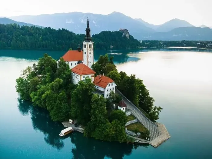 Framed Print : Aerial Photo of Church on Bled Lake Island in Slovenia Framed Print : Aerial Photo of Church on Bled Lake Island in Slovenia