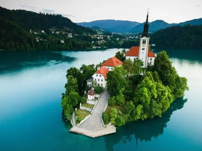 Framed Print : Aerial Photo of Church on Bled Lake Island in Slovenia Framed Print : Aerial Photo of Church on Bled Lake Island in Slovenia