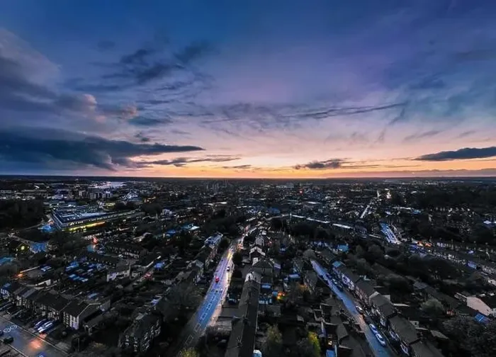 Framed Print : An aerial photo of Ipswich, Suffolk, UK at sunset