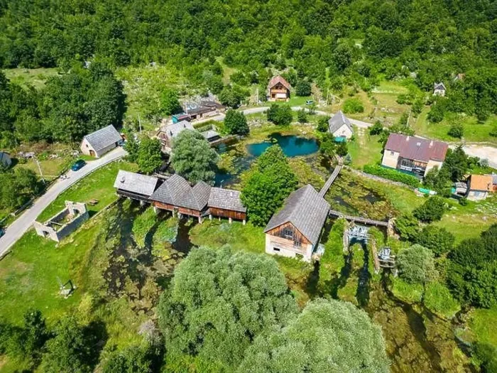 Framed Print : Aerial photo of Majerovo Vrilo, set of wooden mill houses on the source of Gacka river in the village of Sinac, Croatia Framed Print : Aerial photo of Majerovo Vrilo, set of wooden mill houses on the source of Gacka river in the village of Sinac, Croatia