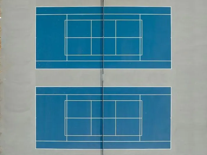 Framed Print : Aerial photo of outdoor blue tennis courts with yellow pickleball lines and gray out of bounds area Framed Print : Aerial photo of outdoor blue tennis courts with yellow pickleball lines and gray out of bounds area