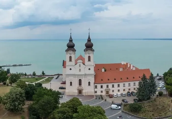 Framed Print : Aerial photo shows the historical Benedictine monastery of Tihany