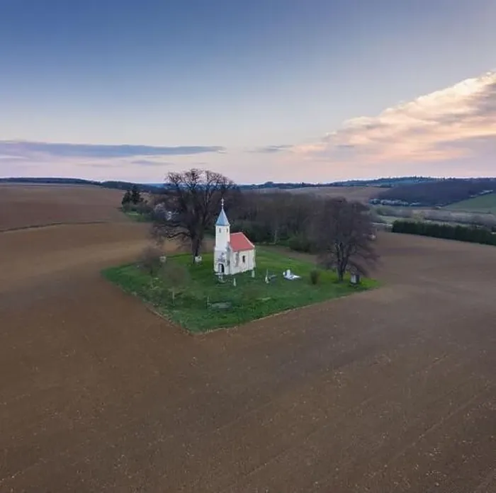 Framed Print : aerial photo of a small chapel with morning sunshine Framed Print : aerial photo of a small chapel with morning sunshine