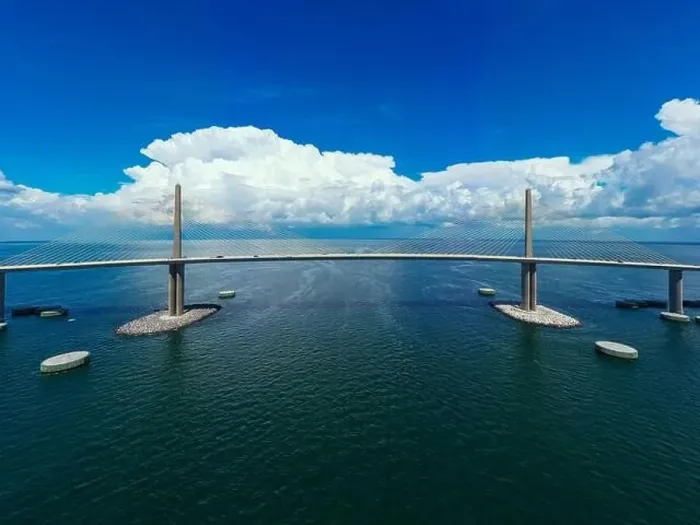 Framed Print : Aerial photo Sunshine Skyway cable suspended bridge suspension Tampa Bay FL USA Framed Print : Aerial photo Sunshine Skyway cable suspended bridge suspension Tampa Bay FL USA