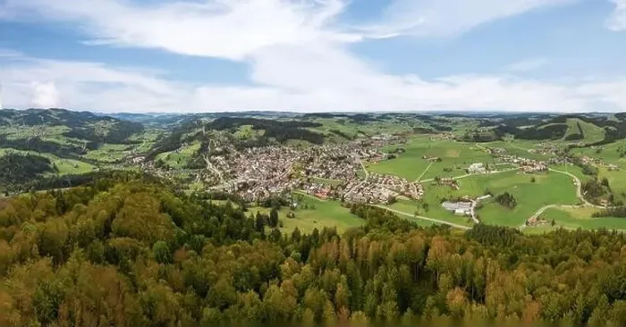 Framed Print : Aerial photo of the village of Oberstaufen in the Allgaeu Alps, Bavaria, Germany Framed Print : Aerial photo of the village of Oberstaufen in the Allgaeu Alps, Bavaria, Germany