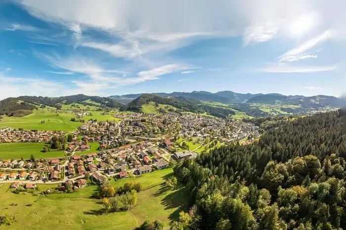 Framed Print : Aerial photo of the village of Oberstaufen in the Allgaeu Alps, Bavaria, Germany Framed Print : Aerial photo of the village of Oberstaufen in the Allgaeu Alps, Bavaria, Germany