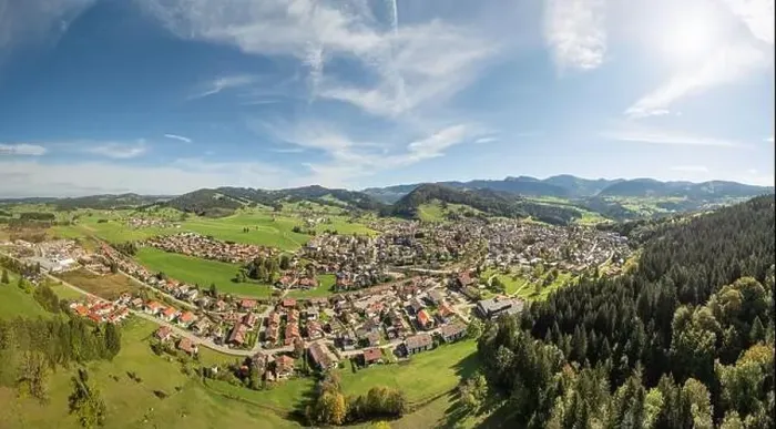 Framed Print : Aerial photo of the village of Oberstaufen in the Allgaeu Alps, Bavaria, Germany Framed Print : Aerial photo of the village of Oberstaufen in the Allgaeu Alps, Bavaria, Germany