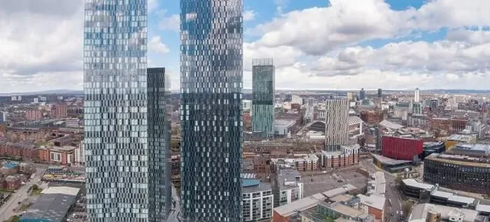 Framed Print : Aerial photograph of the top two Deansgate Square residential apartment towers with Manchester city centre Framed Print : Aerial photograph of the top two Deansgate Square residential apartment towers with Manchester city centre