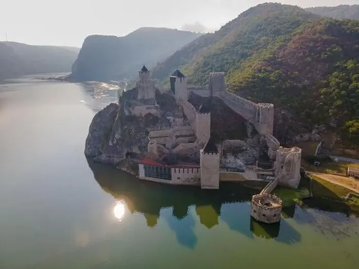 Framed Print : Aerial photography of Golubac medieval fortress located on the Danube river on Serbian bank