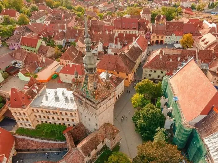Framed Print : Aerial photography of medieval city of Sighisoara from Romania Framed Print : Aerial photography of medieval city of Sighisoara from Romania