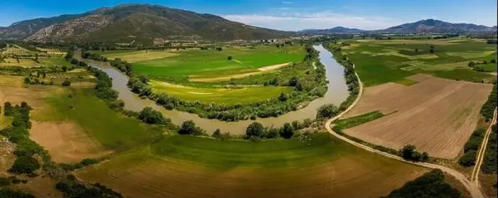 Framed Print : Aerial rural panoramic landscape with Pinios river in the mindle of the frame
