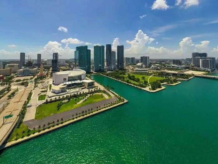 Framed Print : Aerial scene Miami American Airlines Arena and Museum Park Framed Print : Aerial scene Miami American Airlines Arena and Museum Park