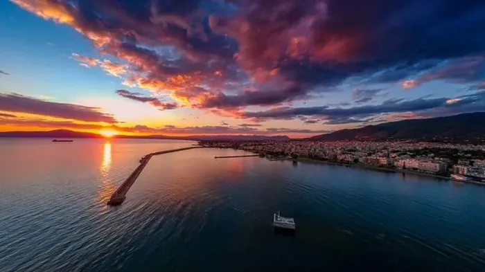 Framed Print : Aerial seaside view over Kalamata city in Messinia, Greece at sunset Framed Print : Aerial seaside view over Kalamata city in Messinia, Greece at sunset