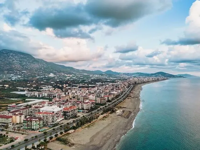 Framed Print : Aerial shot of Alanya city in winter showing the sea and city Framed Print : Aerial shot of Alanya city in winter showing the sea and city