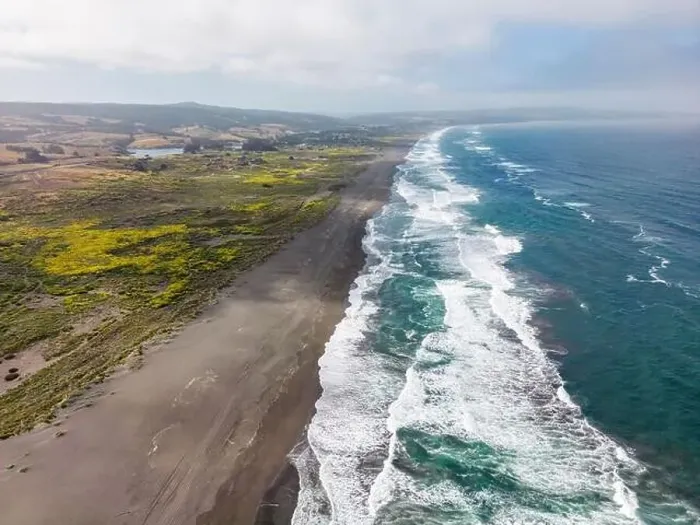 Framed Print : Aerial shot of a beach and the pacific ocean at Pichilemu, Chile Framed Print : Aerial shot of a beach and the pacific ocean at Pichilemu, Chile