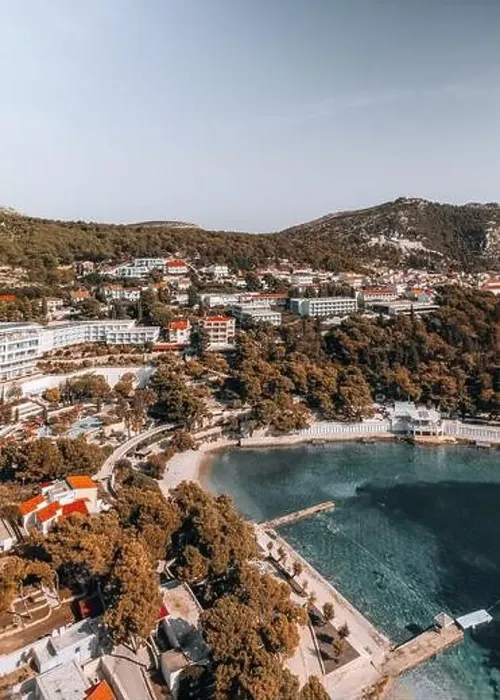 Framed Print : Aerial shot captures the beauty of Hvar's coastline at sunrise on a summer morning Framed Print : Aerial shot captures the beauty of Hvar's coastline at sunrise on a summer morning