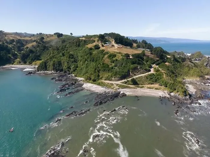 Framed Print : Aerial shot of the picturesque landscape at Isla Maiquillahue in the Pacific Ocean of Chile