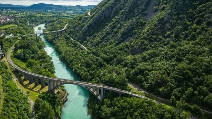 Framed Print : Aerial Shot of Solkan Rail Stone Bridge Over River Soca, Slovenia