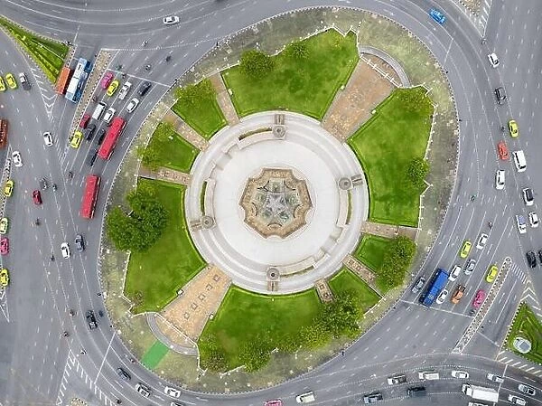 Aerial shot taken from a drone of Victory Monument. is the center of Bangkok and the movement of people in the city of Thailand