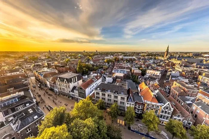 Framed Print : Aerial Skyline view of historic Groningen city centre under setting sun. The Netherlands Framed Print : Aerial Skyline view of historic Groningen city centre under setting sun. The Netherlands