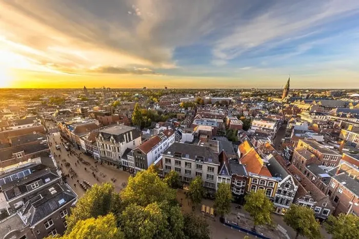 Framed Print : Aerial Skyline view of historic Groningen city centre under setting sun. The Netherlands