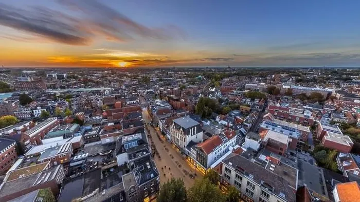 Framed Print : Aerial Skyline view of historic Groningen city centre under setting sun. The Netherlands Framed Print : Aerial Skyline view of historic Groningen city centre under setting sun. The Netherlands