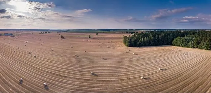 Framed Print : Aerial: stubble field with straw bales at late summer. Polish landscape from drone Framed Print : Aerial: stubble field with straw bales at late summer. Polish landscape from drone