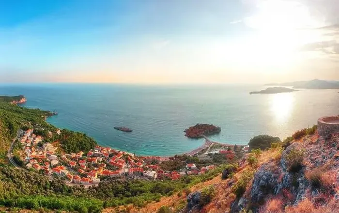 Framed Print : Aerial stunning view of the islet Sveti Stefan from church st Framed Print : Aerial stunning view of the islet Sveti Stefan from church st