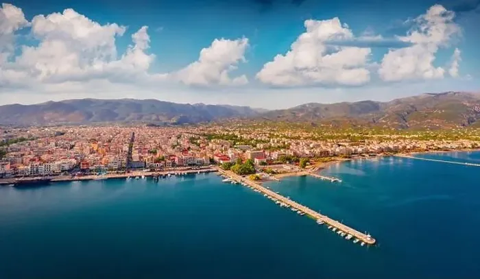 Framed Print : Aerial summer cityscape of Kalamata port Framed Print : Aerial summer cityscape of Kalamata port