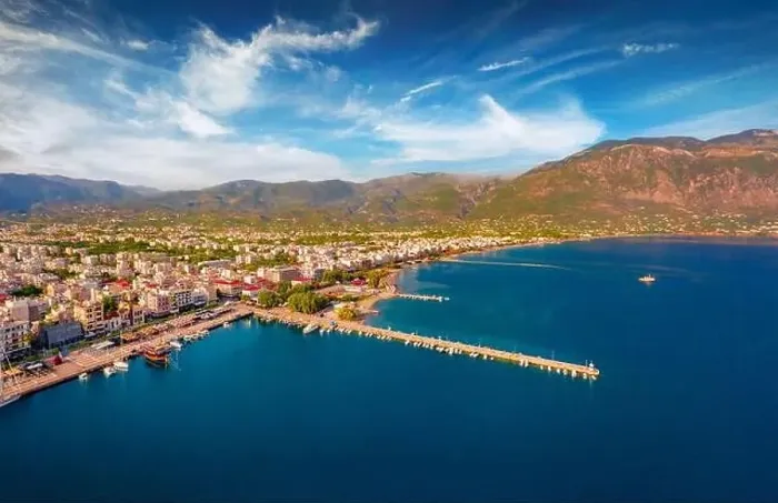 Framed Print : Aerial summer cityscape of Kalamata port Framed Print : Aerial summer cityscape of Kalamata port