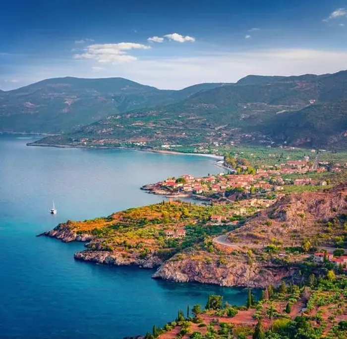 Framed Print : Aerial summer view of Kardamili port Framed Print : Aerial summer view of Kardamili port