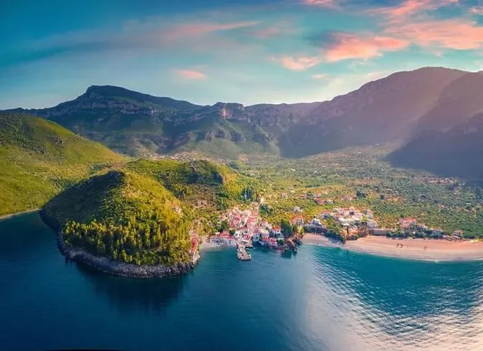 Framed Print : Aerial summer view of Paralia village Framed Print : Aerial summer view of Paralia village