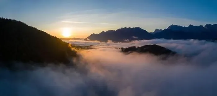 Framed Print : Aerial sunrise above cloud inversion in the mountains Framed Print : Aerial sunrise above cloud inversion in the mountains