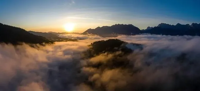 Framed Print : Aerial sunrise above cloud inversion in the mountains Framed Print : Aerial sunrise above cloud inversion in the mountains