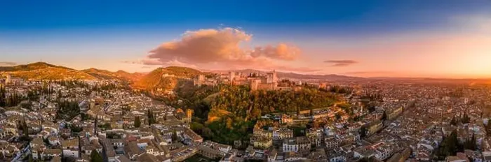 Framed Print : Aerial sunset panorama view of the Alhambra fortress and palace complex with surrounding medieval walls Framed Print : Aerial sunset panorama view of the Alhambra fortress and palace complex with surrounding medieval walls