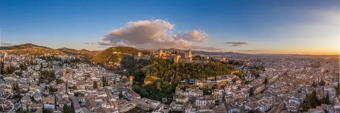 Framed Print : Aerial sunset panorama view of the Alhambra fortress and palace complex with surrounding medieval walls Framed Print : Aerial sunset panorama view of the Alhambra fortress and palace complex with surrounding medieval walls