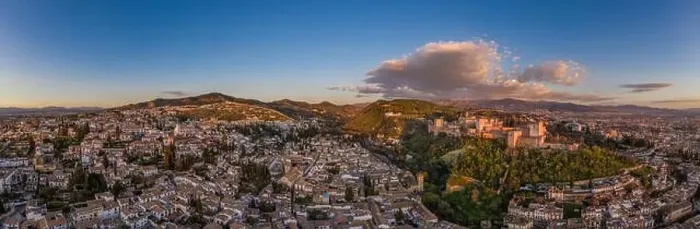 Framed Print : Aerial sunset panorama view of the Alhambra fortress and palace complex with surrounding medieval walls Framed Print : Aerial sunset panorama view of the Alhambra fortress and palace complex with surrounding medieval walls