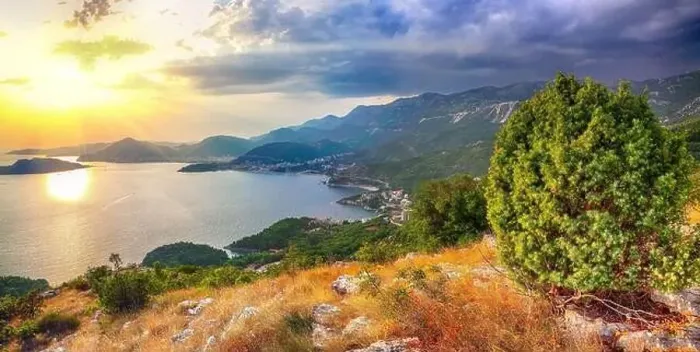 Framed Print : Aerial sunset view of Adriatic coast from church st Framed Print : Aerial sunset view of Adriatic coast from church st