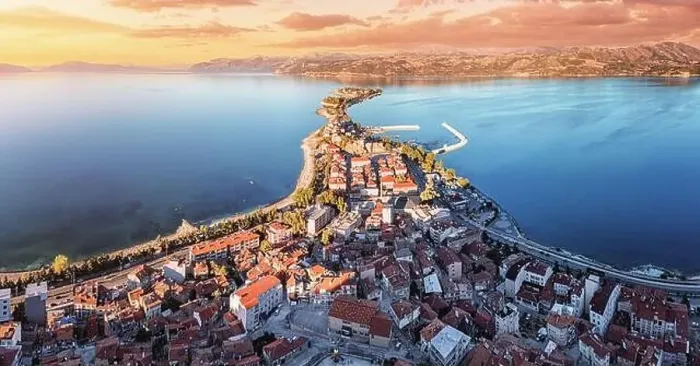 Framed Print : Aerial sunset view of Egirdir lake peninsula and town in Isparta region Framed Print : Aerial sunset view of Egirdir lake peninsula and town in Isparta region
