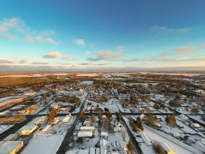 Framed Print : Aerial Town View at Sunset Winter - drone Framed Print : Aerial Town View at Sunset Winter - drone