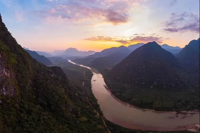 Framed Print : Aerial unique view from drone: Nam Ou river valley at Muang Ngoi Laos Framed Print : Aerial unique view from drone: Nam Ou river valley at Muang Ngoi Laos