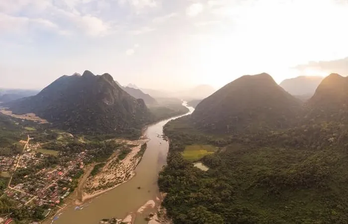 Framed Print : Aerial unique view from drone: Nam Ou river valley at Muang Ngoi Laos Framed Print : Aerial unique view from drone: Nam Ou river valley at Muang Ngoi Laos