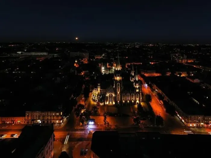 Framed Print : Aerial veiw on Elizabeth church in Lviv, Ukraine from drone at night Framed Print : Aerial veiw on Elizabeth church in Lviv, Ukraine from drone at night