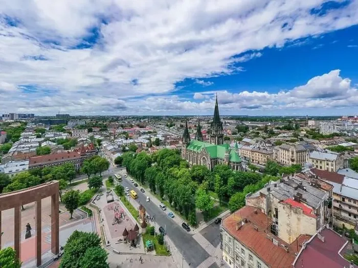 Framed Print : Aerial veiw on Elizabeth church in Lviv, Ukraine from drone Framed Print : Aerial veiw on Elizabeth church in Lviv, Ukraine from drone
