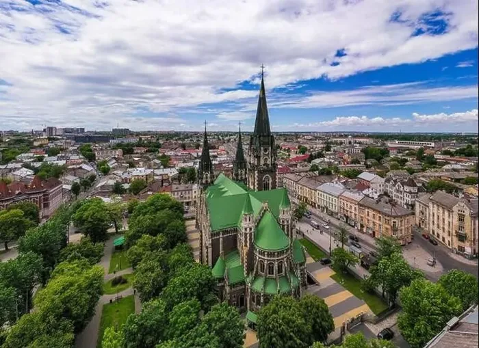 Framed Print : Aerial veiw on Elizabeth church in Lviv, Ukraine from drone Framed Print : Aerial veiw on Elizabeth church in Lviv, Ukraine from drone