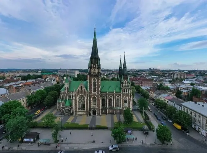 Framed Print : Aerial veiw on Elizabeth church in Lviv, Ukraine from drone Framed Print : Aerial veiw on Elizabeth church in Lviv, Ukraine from drone