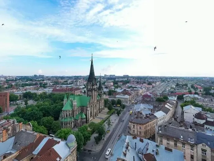 Framed Print : Aerial veiw on Elizabeth church in Lviv, Ukraine from drone Framed Print : Aerial veiw on Elizabeth church in Lviv, Ukraine from drone