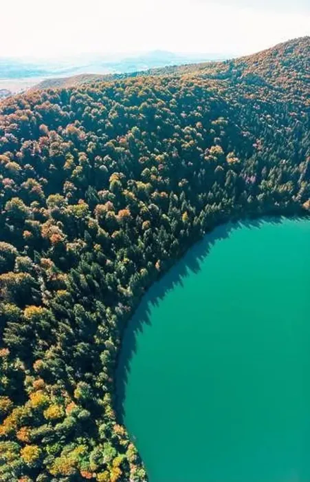 Framed Print : Aerial top down vertical drone panorama view of the fall season over Saint Anne (Sfanta Ana) volcanic lake Framed Print : Aerial top down vertical drone panorama view of the fall season over Saint Anne (Sfanta Ana) volcanic lake